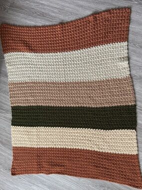 Handmade Striped Crochet Lap Blanket — Rust, Cream, Olive, Tan